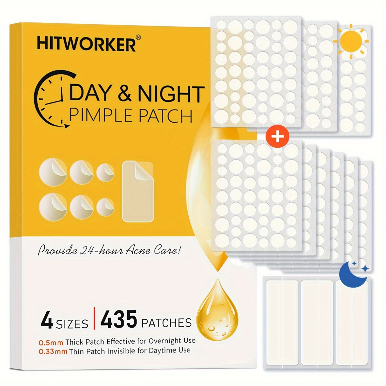 Hydrocolloid Acne Patch - 435枚の透明なニキビパッチ、アルコールフリー、肌に優しく刺激が少ない、深層洗浄とニキビ除去用
