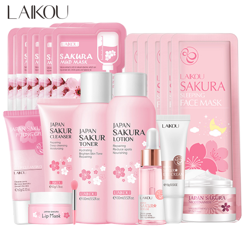 Skincare Routine - Sakura-韓国のフェイシャルクリーナー,フェイスセラム,角質除去剤,スクラブジェル,保湿トナー,アイクリーム,日焼け止め化粧品,スキンケアセット